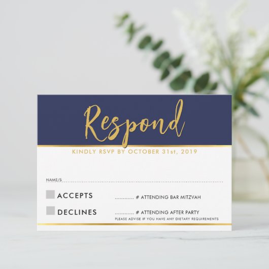 RSVP ANTWOORD modern eenvoudig navyblauw goud (Staand voorkant)