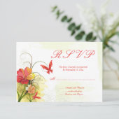 Rsvp-antwoord op rode groene bloemen en vlinderblo RSVP kaartje (Staand voorkant)