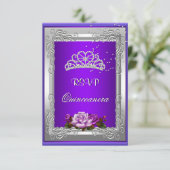 RSVP Antwoord Paarse Silver Roos Quinceanera Kaart (Staand voorkant)