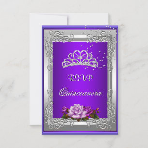 RSVP Antwoord Paarse Silver Roos Quinceanera Kaart