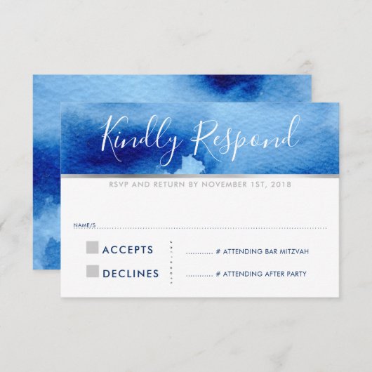 RSVP ANTWOORD REACTIE KAART zilverblauwe waterverf (Voorkant / Achterkant)
