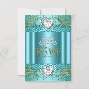RSVP-antwoord Reactie Teal Blauw Goud Quinceanera RSVP Kaartje