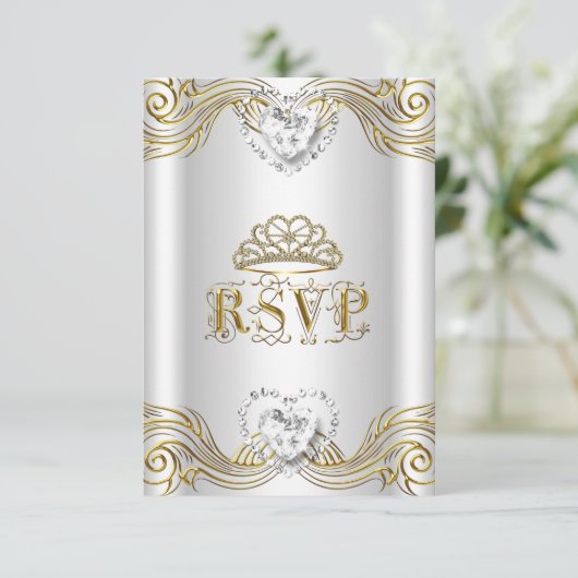 RSVP Antwoord Silver White Gold Quinceanera Kaart (Staand voorkant)