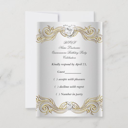 RSVP Antwoord Silver White Gold Quinceanera Kaart (Achterkant)