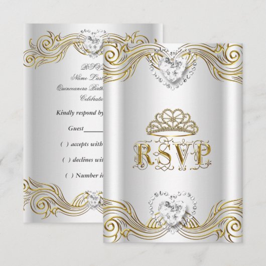 RSVP Antwoord Silver White Gold Quinceanera Kaart (Voorkant / Achterkant)
