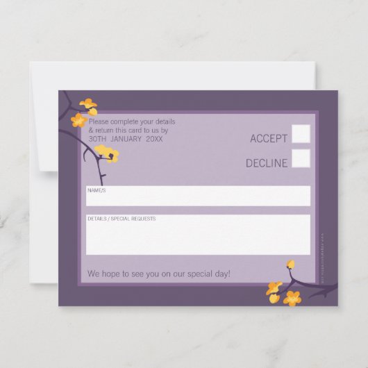 RSVP ANTWOORD SLIP:: kersenbloesems 7L Kaart (Achterkant)