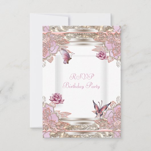 RSVP-antwoordfeest Roze Roos Witte Vlinder RSVP Kaartje (Voorkant)