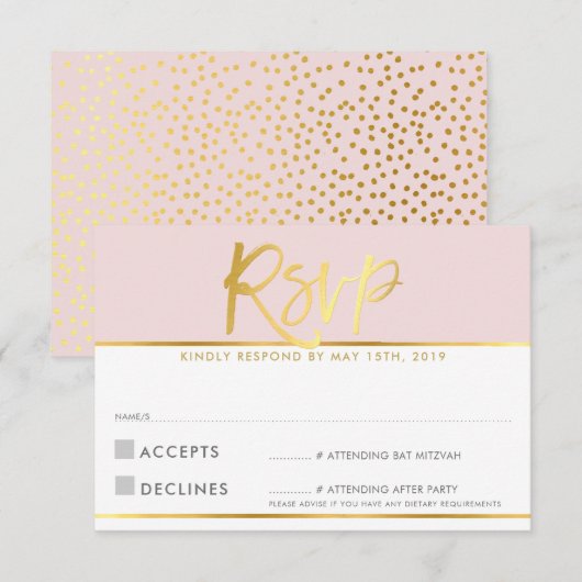 RSVP-ANTWOORDKAART lichtroze roze gouden schrift RSVP Kaartje (Voorkant / Achterkant)