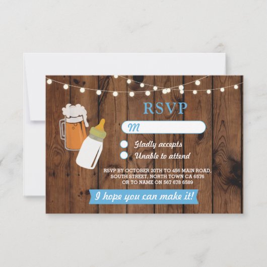 RSVP Baby shower Boy Blue Beer Bierbrouwen Hout Kaart (Voorkant)