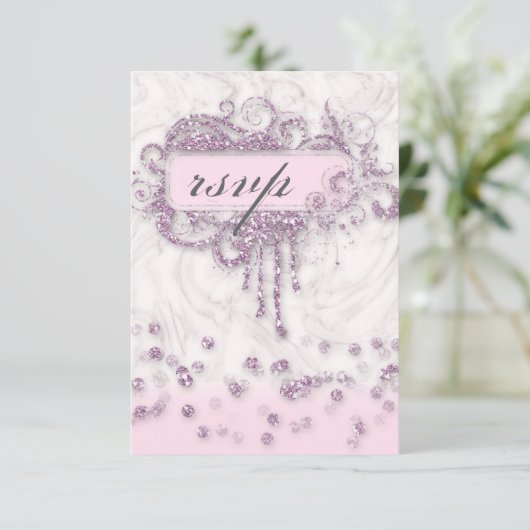 RSVP Baby Shower Meisje Marmer Roze Glitter Confet Kaart (Staand voorkant)