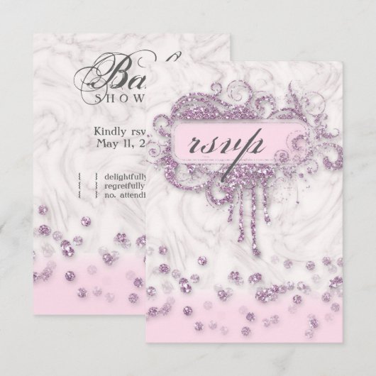 RSVP Baby Shower Meisje Marmer Roze Glitter Confet Kaart (Voorkant / Achterkant)