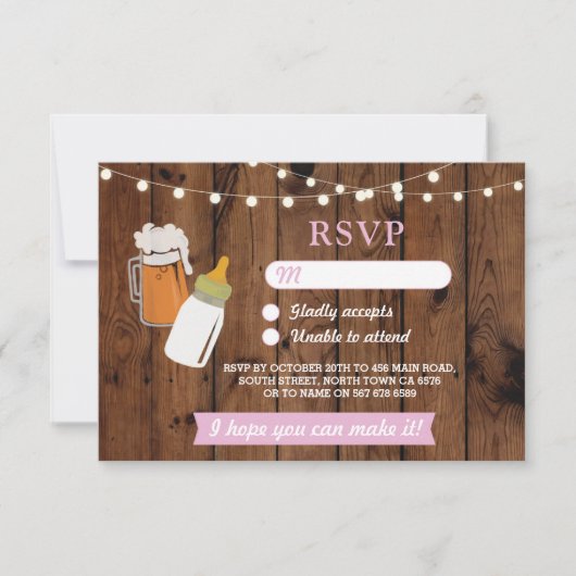 RSVP Baby shower Roze Meisje Bierbrouwen Hout Kaart (Voorkant)