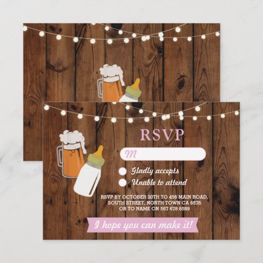 RSVP Baby shower Roze Meisje Bierbrouwen Hout Kaart (Voorkant / Achterkant)