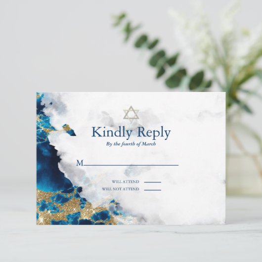 RSVP Bar Mitzvah Blue Sapphire Waterverf Geode Kaartje (Staand voorkant)