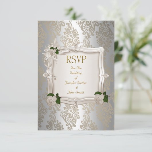 RSVP Beantwoorden Elegante bruiloft Sepia Zilver W (Staand voorkant)