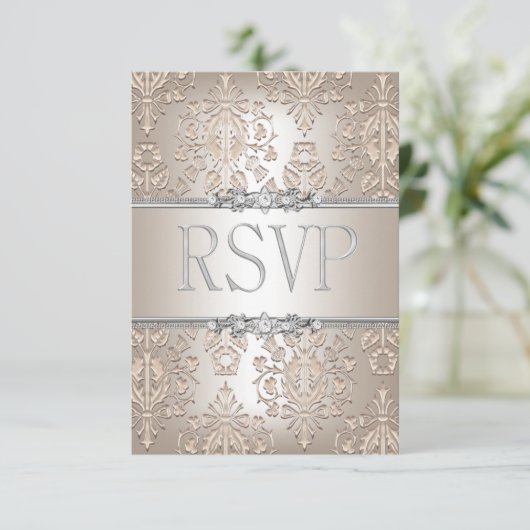 RSVP Beantwoorden Elegante Damask Cream Zilver Blo (Staand voorkant)