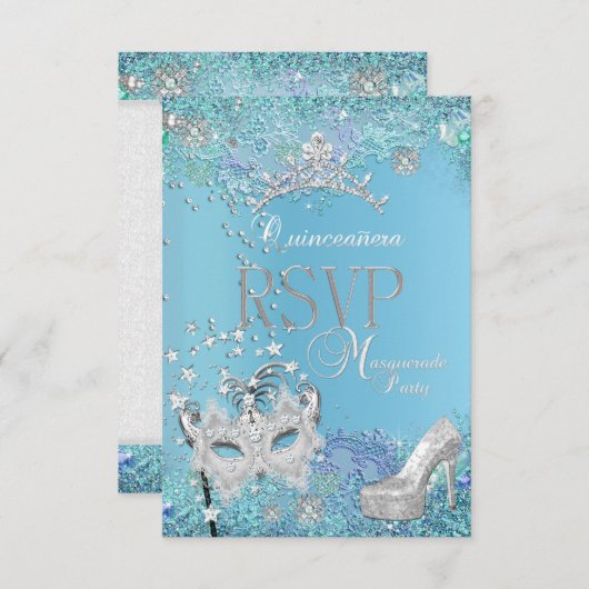 RSVP Beantwoorden Masquerade Quinceanera Blauwe Ti (Voorkant / Achterkant)