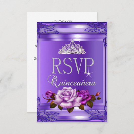 RSVP Beantwoorden Quinceanera 15 Partij Paarse Roz (Voorkant / Achterkant)