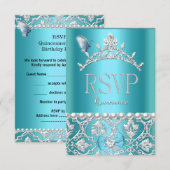 RSVP Beantwoorden Quinceanera 15e Blauwe Damask Bu (Voorkant / Achterkant)