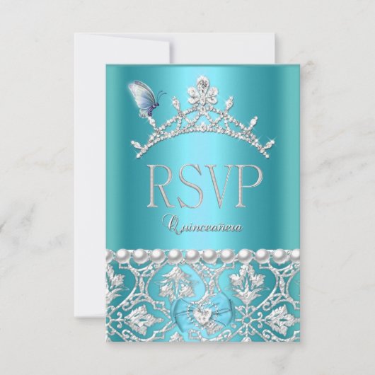 RSVP Beantwoorden Quinceanera 15e Blauwe Damask Bu Kaartje (Voorkant)