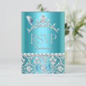 RSVP Beantwoorden Quinceanera 15e Blauwe Damask Bu Kaartje (Staand voorkant)