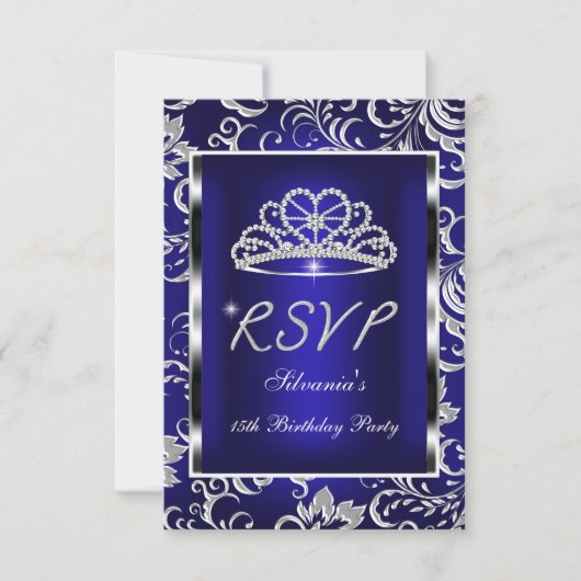 RSVP Beantwoorden Quinceanera Donkerblauw Damast Z (Voorkant)