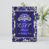 RSVP Beantwoorden Quinceanera Donkerblauw Damast Z (Staand voorkant)
