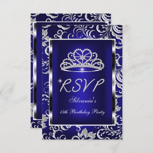 RSVP Beantwoorden Quinceanera Donkerblauw Damast Z (Voorkant / Achterkant)