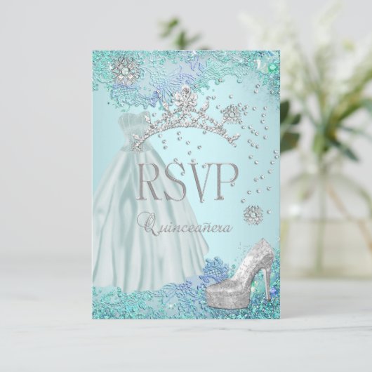 RSVP Beantwoorden Quinceanera Zachte Blauwgroen Ti (Staand voorkant)