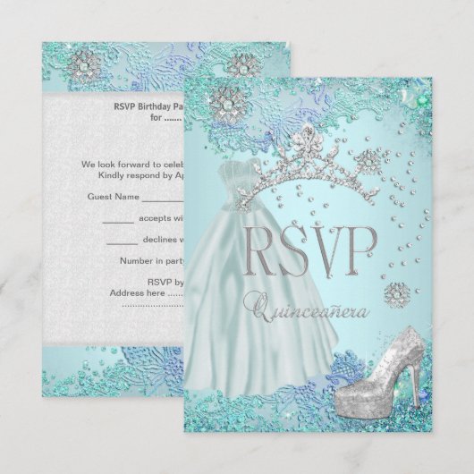 RSVP Beantwoorden Quinceanera Zachte Blauwgroen Ti (Voorkant / Achterkant)