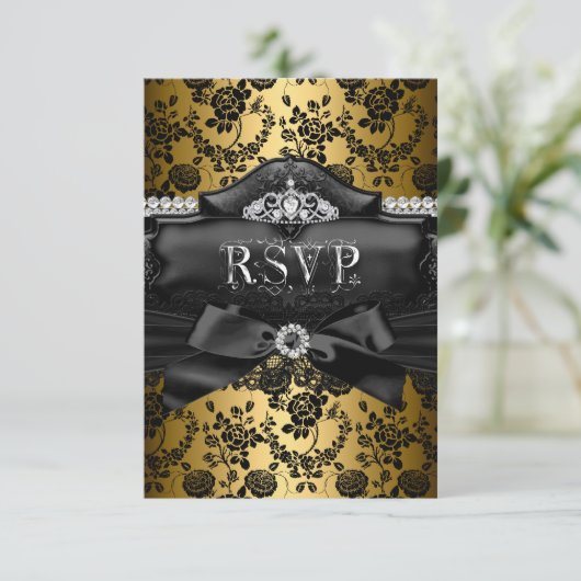 RSVP Beantwoorden  Tiara & Bow Gold Sweet 16 (Staand voorkant)