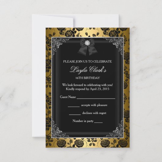 RSVP Beantwoorden  Tiara & Bow Gold Sweet 16 (Achterkant)