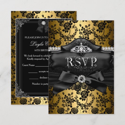 RSVP Beantwoorden  Tiara & Bow Gold Sweet 16 (Voorkant / Achterkant)