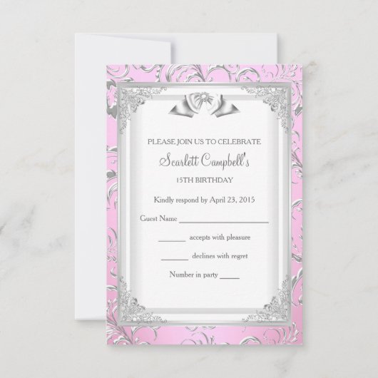 RSVP Beantwoorden  Tiara & Bow Roze Quinceañera (Achterkant)