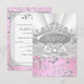 RSVP Beantwoorden  Tiara & Bow Roze Quinceañera (Voorkant / Achterkant)