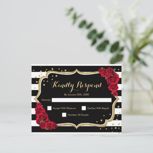 RSVP Birthday Party - Gold Black Red Card Kaart (Staand voorkant)