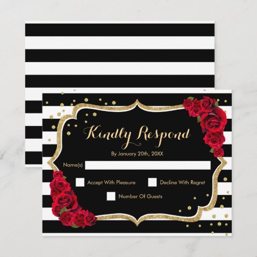 RSVP Birthday Party - Gold Black Red Card Kaart (Voorkant / Achterkant)