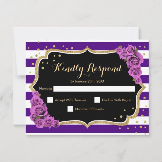 RSVP Birthday Party - Paarse Gold Black Card Kaart (Voorkant)