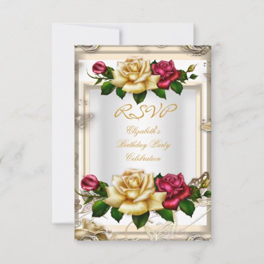 RSVP Birthday Party Rozen White Gold Red Cream Kaart (Voorkant)