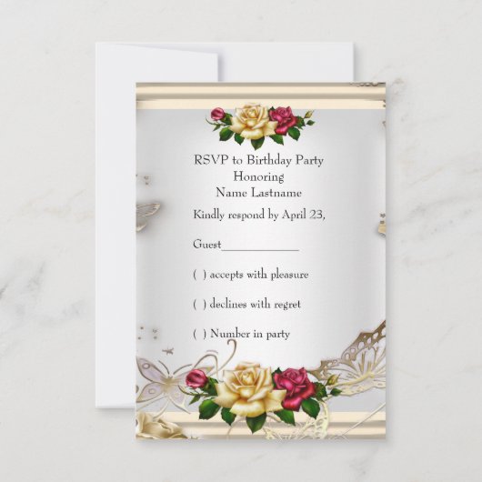 RSVP Birthday Party Rozen White Gold Red Cream Kaart (Achterkant)