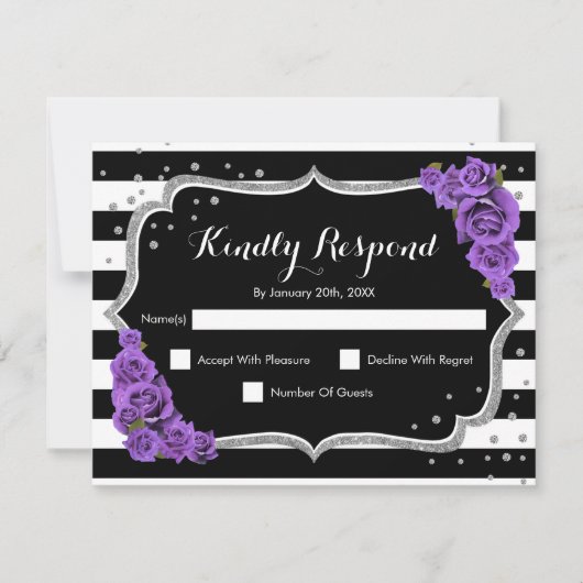 RSVP Birthday Party - Silver Black Paars Card Kaart (Voorkant)
