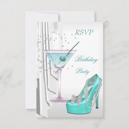 RSVP Birthday Party White Blauwgroen Martini Pearl Kaart (Voorkant)