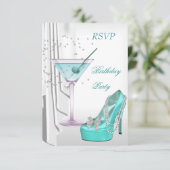 RSVP Birthday Party White Blauwgroen Martini Pearl Kaart (Staand voorkant)