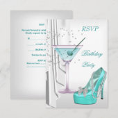 RSVP Birthday Party White Blauwgroen Martini Pearl Kaart (Voorkant / Achterkant)