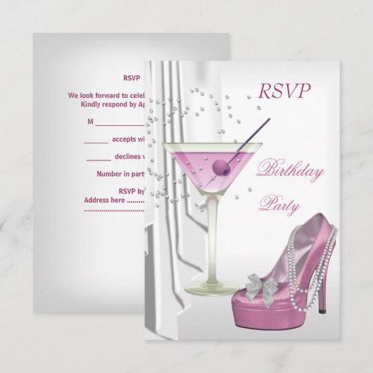 RSVP Birthday Party White Pink Martini Pearl Shoe Kaart (Voorkant / Achterkant)