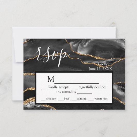RSVP Black Agate Formeel Gouden Glitter Responskaa Kaartje (Voorkant)