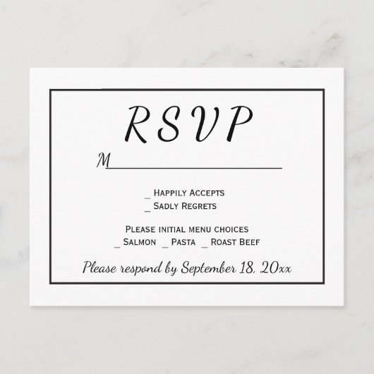 RSVP Black and White Minimalist Wedding Uitnodiging Briefkaart (Voorkant)
