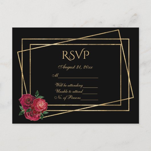 RSVP Black en Gold met diepe rode Rozen Briefkaart (Voorkant)