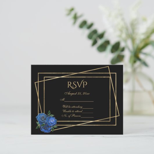 RSVP Black en Gold met Royal Blue Glam-Rozen Briefkaart (Staand voorkant)