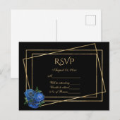 RSVP Black en Gold met Royal Blue Glam-Rozen Briefkaart (Voorkant / Achterkant)